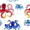 Watercolor hand drawn seamless pattern with octopus in red color with spots.