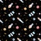 Watercolor hand drawn seamless pattern with outer space elements rocket, stars, planets, meteors , satellite etc. isolated on bl