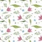 Watercolor hand drawn seamless pattern with pink and abstract flowers similar to tulips and forget-me-nots isolated on white.