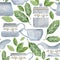 Watercolor hand drawn seamless pattern with porcelain and gold coffee cups, leaves, creamer, jar, daisy. Isolated on