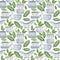 Watercolor hand drawn seamless pattern with porcelain and gold coffee cups, leaves, creamer, jar, daisy. Isolated on