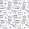 Watercolor hand drawn seamless pattern with porcelain and gold coffee cups, leaves, creamer, jar, daisy. Isolated on