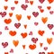 Watercolor hand drawn seamless pattern of red, orange and plaid hearts for Valentine's day. Isolated on white
