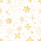 Watercolor hand drawn seamless pattern with shiny gold Christmas decoration winter starry sky, glitter, outline yellow