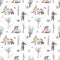 Watercolor hand drawn seamless pattern. Snowy walk in the forest landscape with walking people in the park, trees