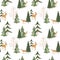 Watercolor hand drawn seamless pattern with spotted deers family in  coniferous forest isolated on white background.