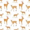 Watercolor hand drawn seamless pattern with spotted deers family isolated on white background.