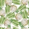 Watercolor hand drawn seamless pattern of tasty vegetable green celery. Apium Pascal stems leaves celeriac root healthy