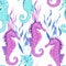 Watercolor hand drawn seamless pattern with underwater marine nautical animals shells fish. Purple blue seahorse seaweed