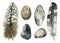 Watercolor hand drawn set of gray bird feathers and pebbles