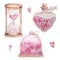 Watercolor hand drawn set of sweet hearts in a jar and hourglass
