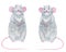 Watercolor hand drawn set with two smiling gray rats on white