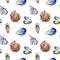 Watercolor hand drawn shell, oyster isolated seamless pattern.