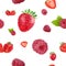 Watercolor hand drawn strawberry, raspberry isolated seamless pattern.