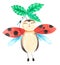 Watercolor hand drawn summer illustration of lady bird with spotted wings flying smiling holding carved strawberry leaf.