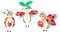 Watercolor hand drawn summer illustration of lady birds with spotted wings flying smiling holding carved strawberry leaf,