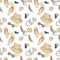 Watercolor hand-drawn summer pattern with hats, summer shoes, feathers, bracelet, seashells, sunglasses and beige, grey stains.