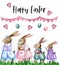Watercolor hand drawn template of Easter greeting card with cute bunny  family, festive garland, little hearts and painted eggs.