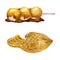 Watercolor hand drawn traditional Japanese sweets. Mitarashi dango and taiyaki pastry. Isolated on white background