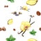 Watercolor hand drawn vanilla spices seamless pattern.