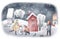 Watercolor hand drawn winter scene. Illustration of snowy walk in the winter forest landscape with red houses, cute