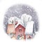 Watercolor hand drawn winter scene. Illustration of snowy walk in the winter forest landscape with red houses, cute