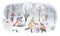 Watercolor hand drawn winter scene. Illustration of snowy walk in the winter forest landscape with trees, walking people