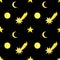 Watercolor hand drawn yellow stars, moon and comets seamless pattern isolated on black night background.