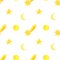 Watercolor hand drawn yellow stars, moon and comets seamless pattern isolated on white background.