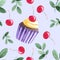 Watercolor hand illustrated muffin with cherry on top of cream and berries with leaves