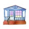 Watercolor hand painted architectural building composition with blue farm house with windows and terrace illustration