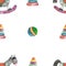 Watercolor hand painted baby toys seamless pattern with grey and pink rocking horse, blue and green ball and mutlicolor pyramid