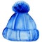 Watercolor hand painted blue knitted hat with pompon and bright strips. Isolated element on white background