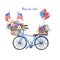 Watercolor hand painted blue patriotic bicycle with US flags, red, white and blue balloons, flowers in a basket