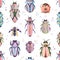 Watercolor hand painted cartoon bugs, beetles, insects seamless pattern