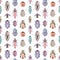 Watercolor hand painted cartoon bugs, beetles, insects seamless pattern