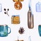 Watercolor hand painted Christmas seamless pattern including candle in bottle, cone, alder branch, blue candle, cup of cocoa,