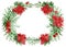 Watercolor hand painted christmas wreath with red flower poinsettia, green leaves and branches