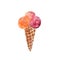 Watercolor hand painted clipart of ice cream balls in a waffle cone.