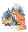 Watercolor hand painted cute foxes. Fox mom and baby, snowy winter forest background. Christmas holiday card