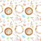Watercolor hand painted Easter seamless pattern with colored eggs, bird nest, twigs, tree branch, wreath. Decorative elements