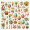 Watercolor hand painted Easter seamless pattern with colored eggs, bird nest, twigs, tree branch, wreath. Decorative elements