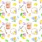 Watercolor hand painted Easter seamless pattern with colored eggs, cake, twigs, tree branch, wreath. Symbols of Easter