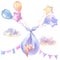 Watercolor hand painted flying sleeping baby bunny on colored balloons, clouds, flags. Hand painted ciconia bird