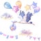 Watercolor hand painted flying white stork with sleeping baby bunny, colored balloons, clouds, flags. Hand painted