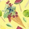 Watercolor hand painted fruit ice-cream pattern with berries