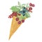 Watercolor hand painted fruit ice-cream set with leaves, mint, berries, lime, watermelon, lemon, stick and horn