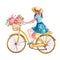 Watercolor hand painted girl is riding her yellow bicycle. Spring and summer illustration