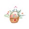 Watercolor hand painted illustration of a basket full of colorful eggs with birds on it