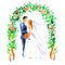 Watercolor hand painted illustration of bride and groom on white background with ceremonial floral arch